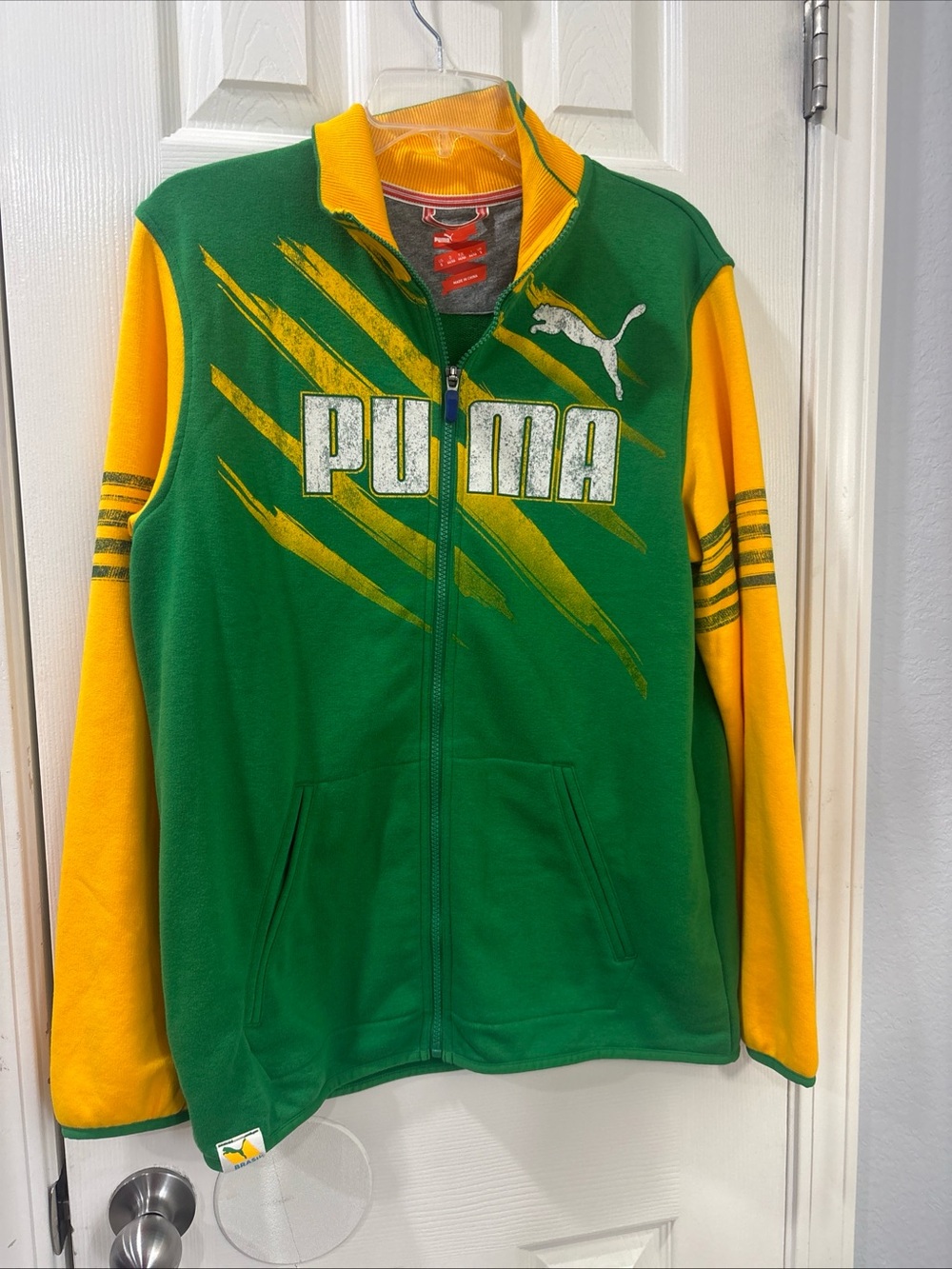 Puma Green and Yellow Zip Jacket with Grey Interior S